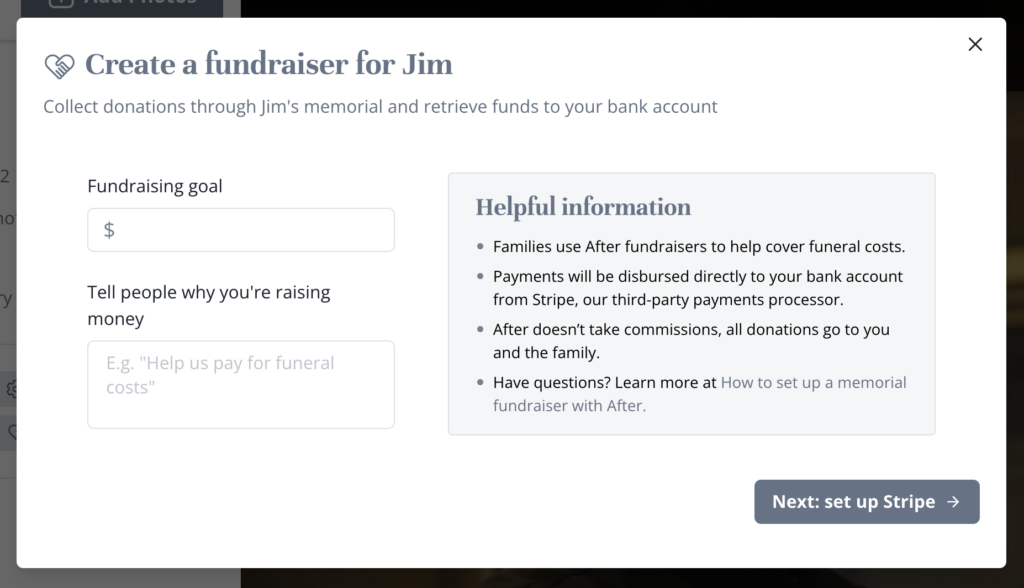 Web form for setting up a fundraiser
